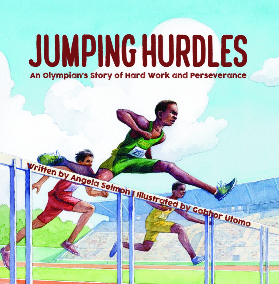 A book cover with an image of people jumping over hurdles.